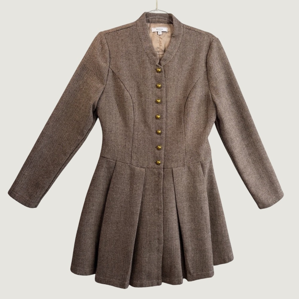 RIHOAS Brown Herringbone Pleated Mini Dress Coat Gold Button Academic Size M
